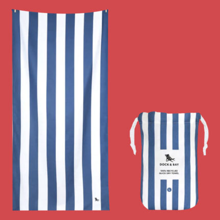 Blue and white striped towel with matching carrying case