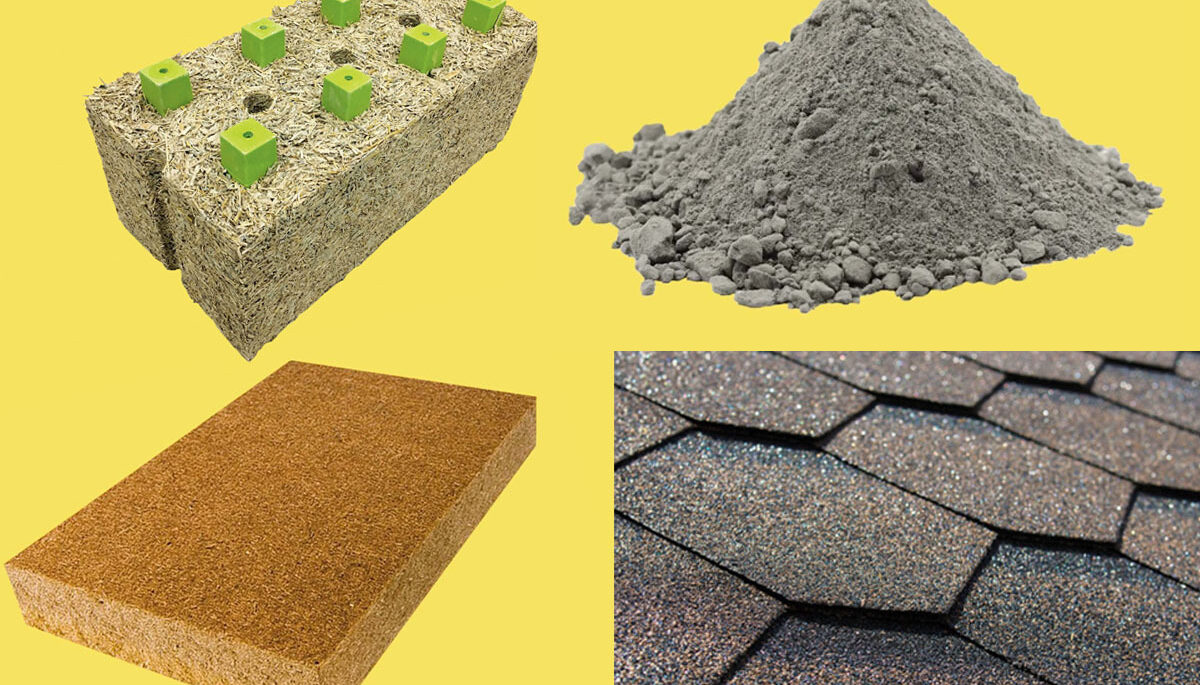 A brick of Hempcrete, a pile of Portland Limestone Cement, a sheet Biogenic Insulation, Asphalt shingles