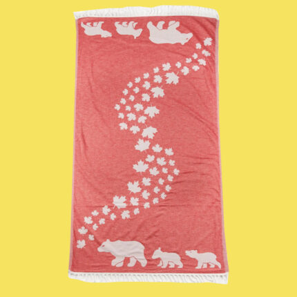 Red Turkish cotton towel with design of white bears and swirling leaves