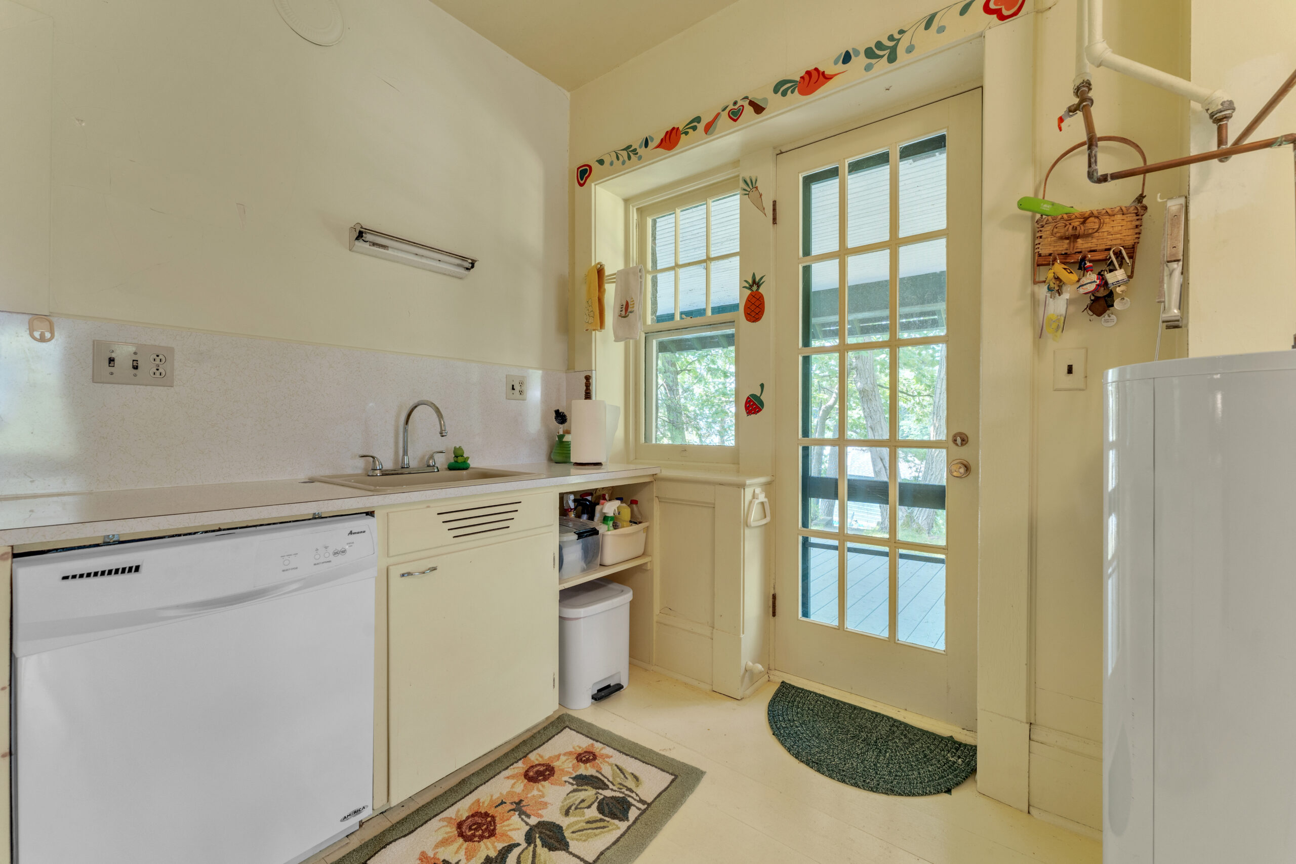 A bright French door is outlined with small paintings of various fruit and vegetables