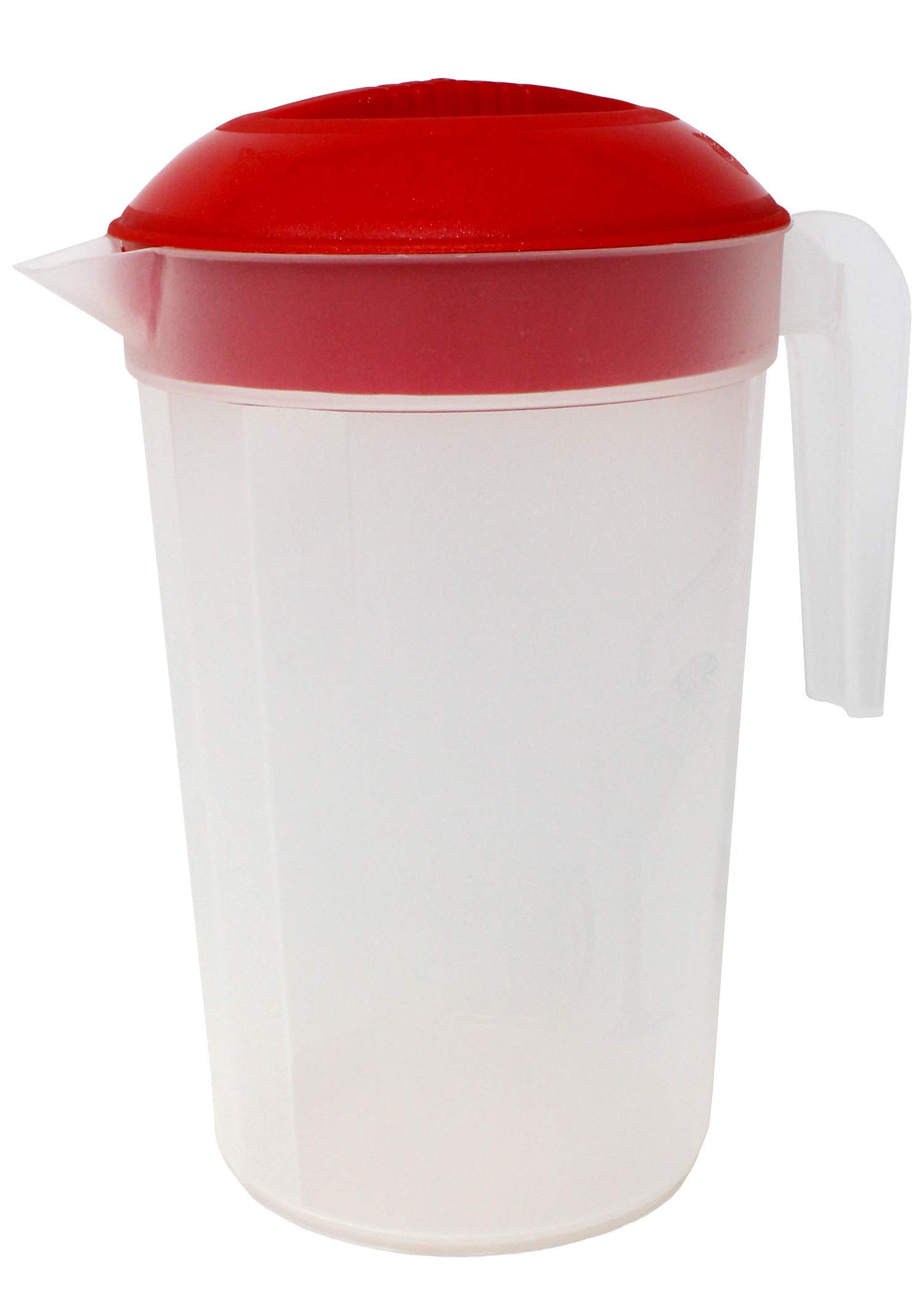A plastic water pitcher with a red lid against a white background