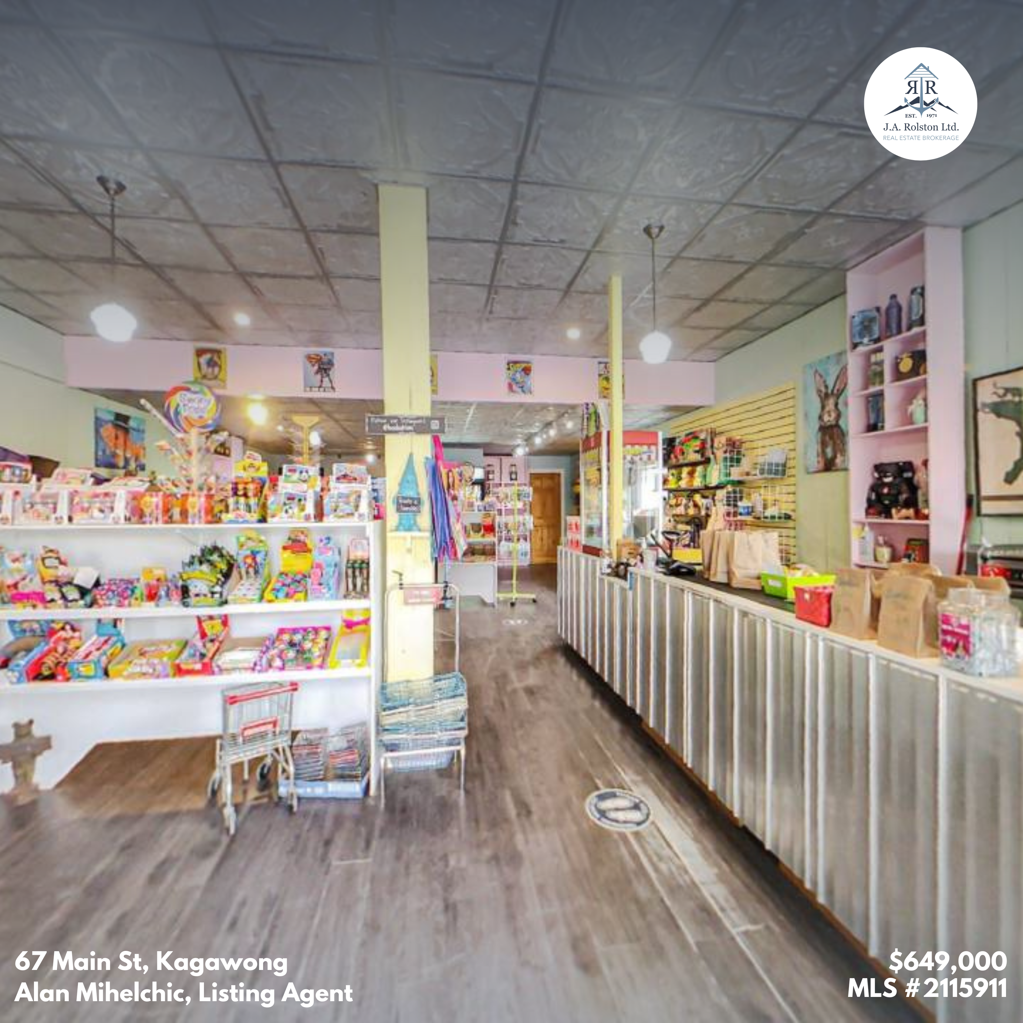 Shelves display candy. Along the right, a counter with more candy
