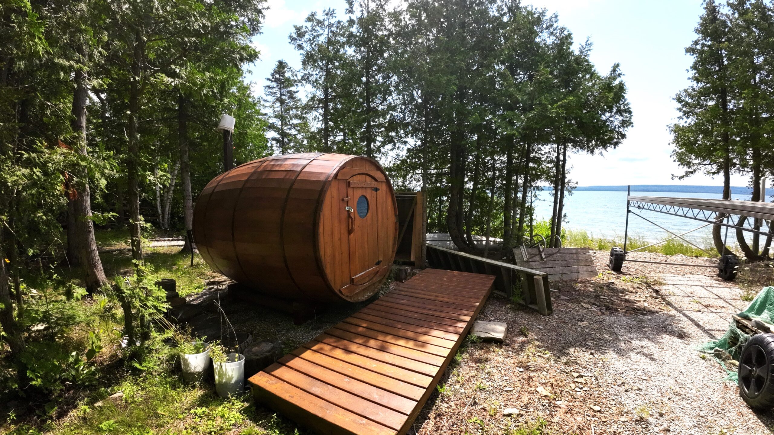 a wood outdoor sauna
