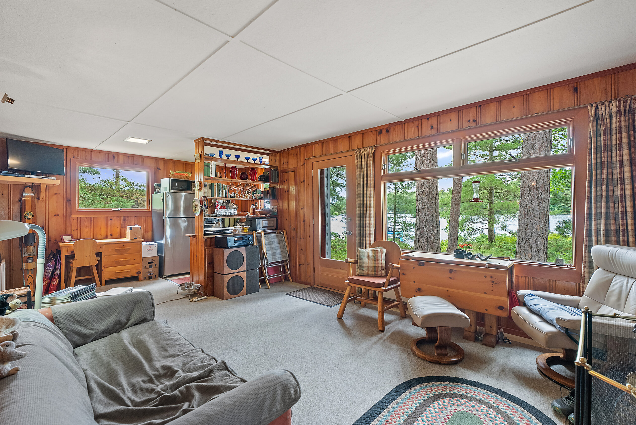 The living room looks into the kitchen