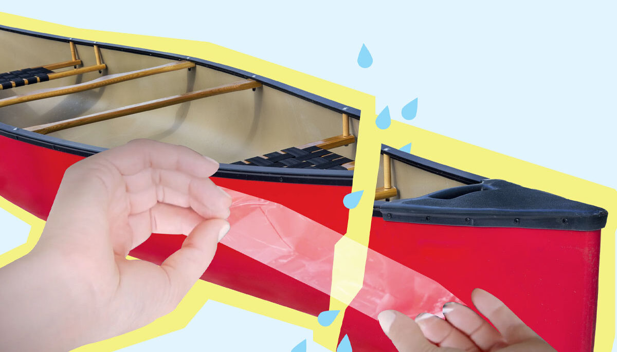 a photo of a canoe with tape over a crack