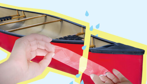 a photo of a canoe with tape over a crack