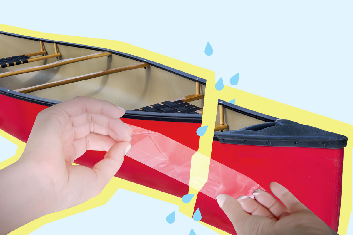 a photo of a canoe with tape over a crack
