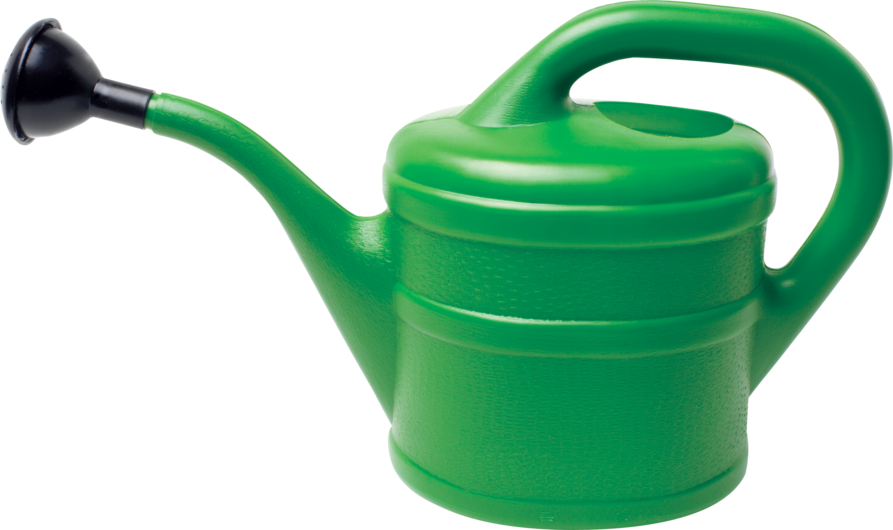 A green plastic watering can against a white background