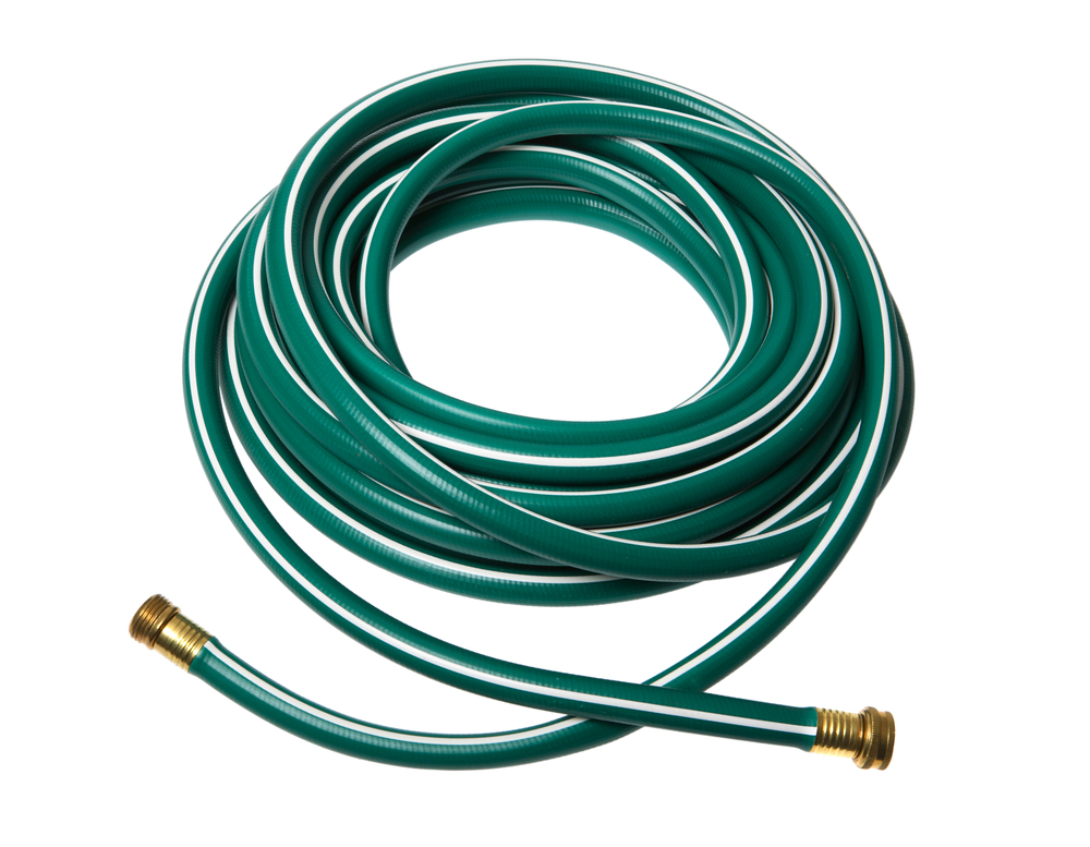A green garden hose against a white background