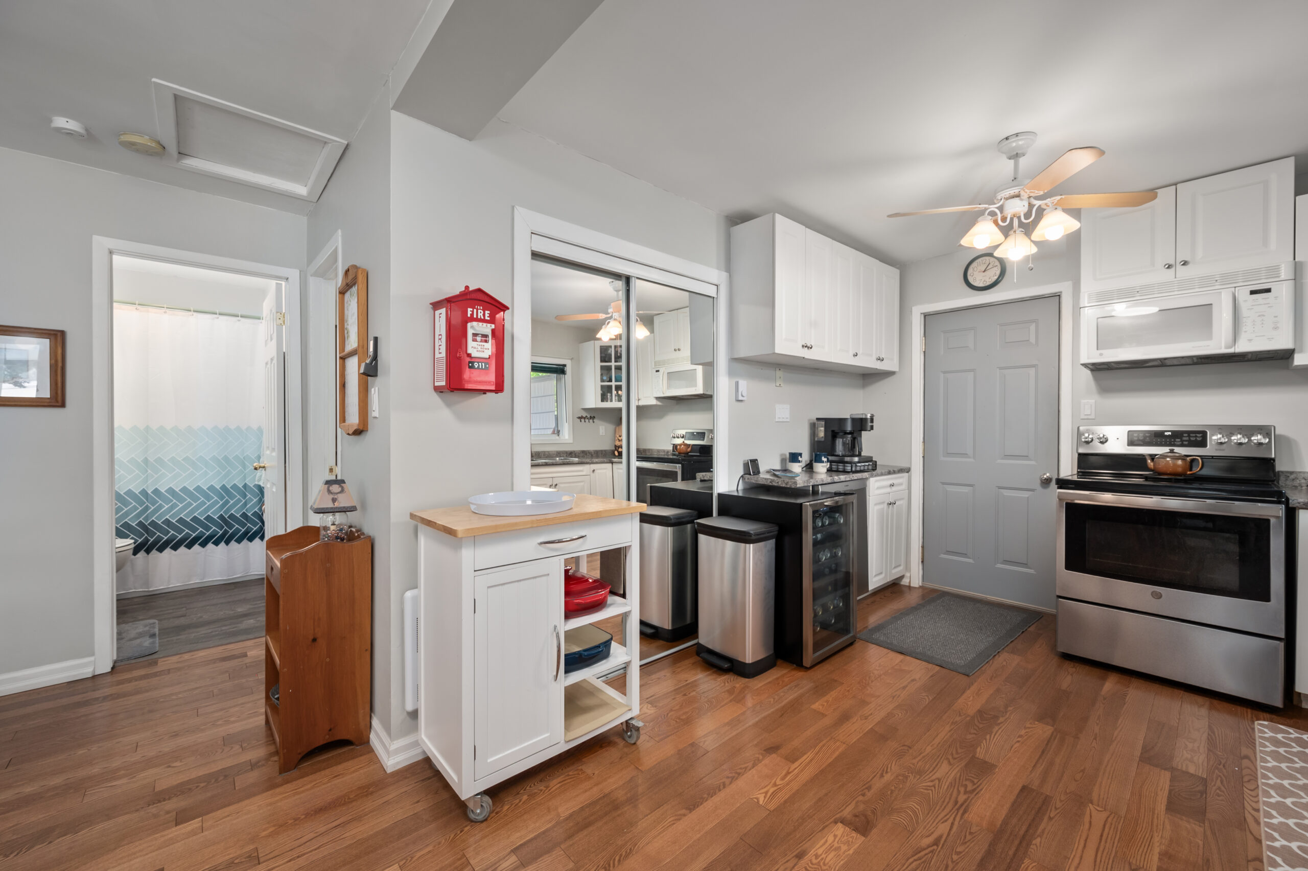 A butcher's block next to a mirrored closet