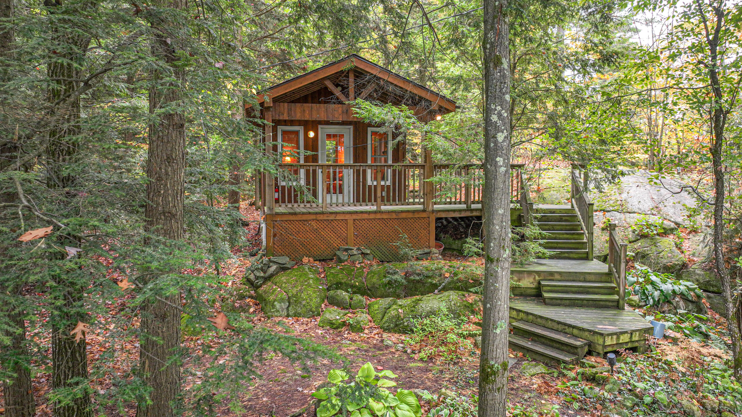 A small wood panelled building in the forest with its lights on