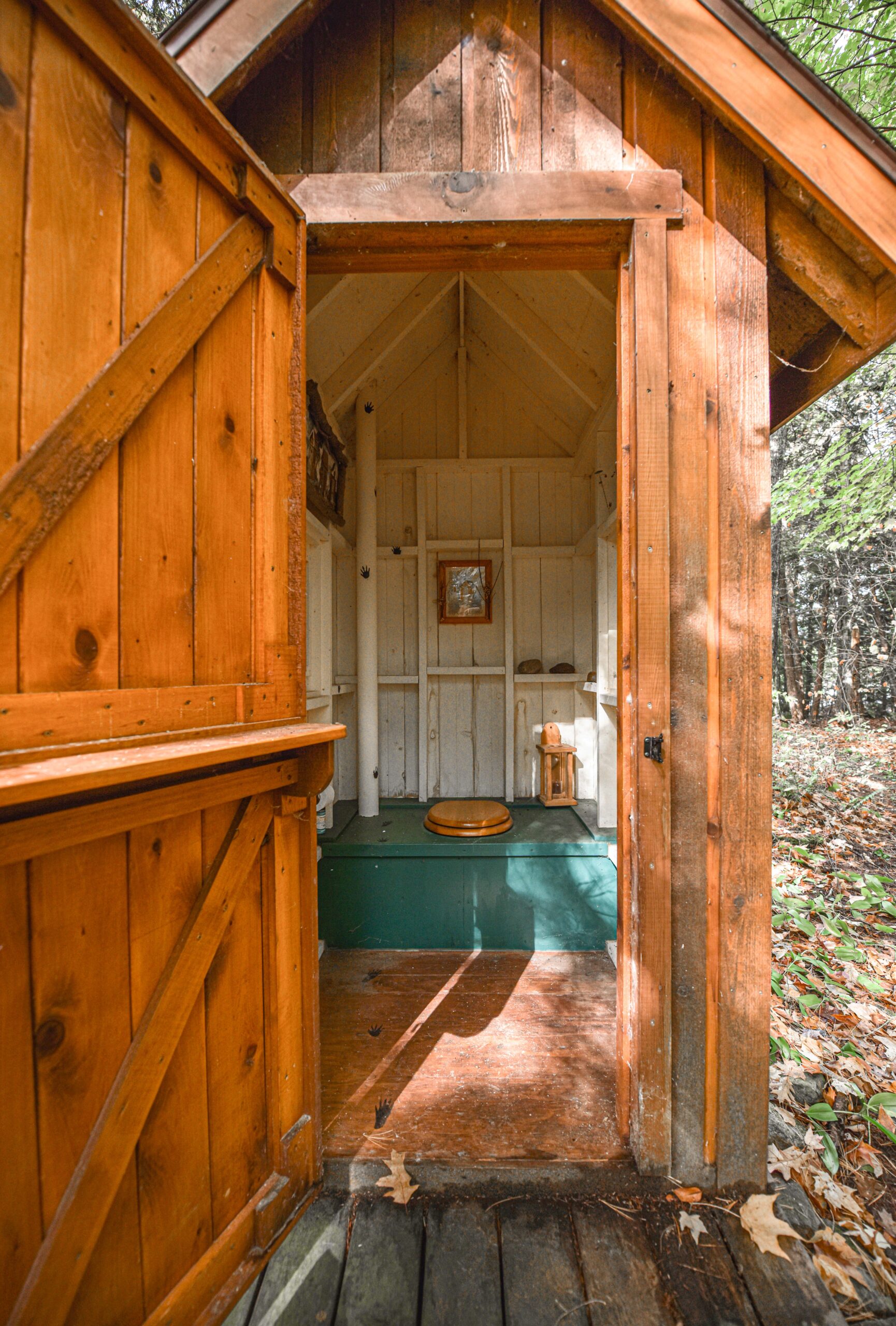 An outhouse with a blue seat and its wood door open