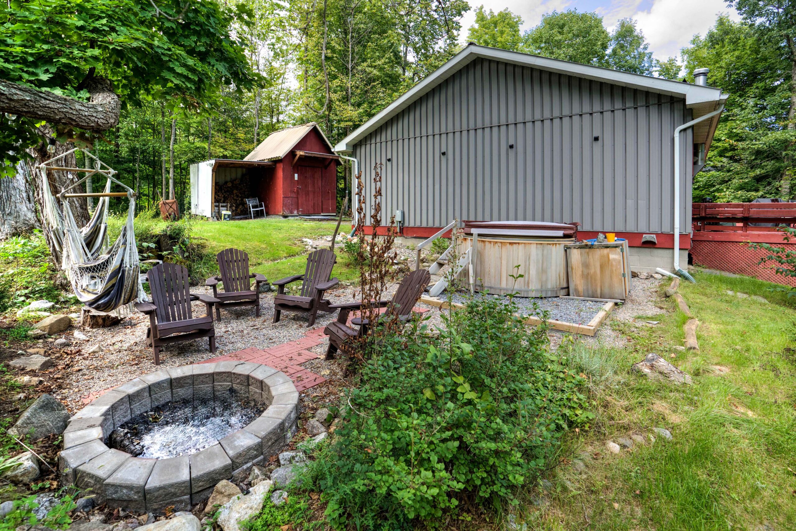 A landscaped area beside a grey building