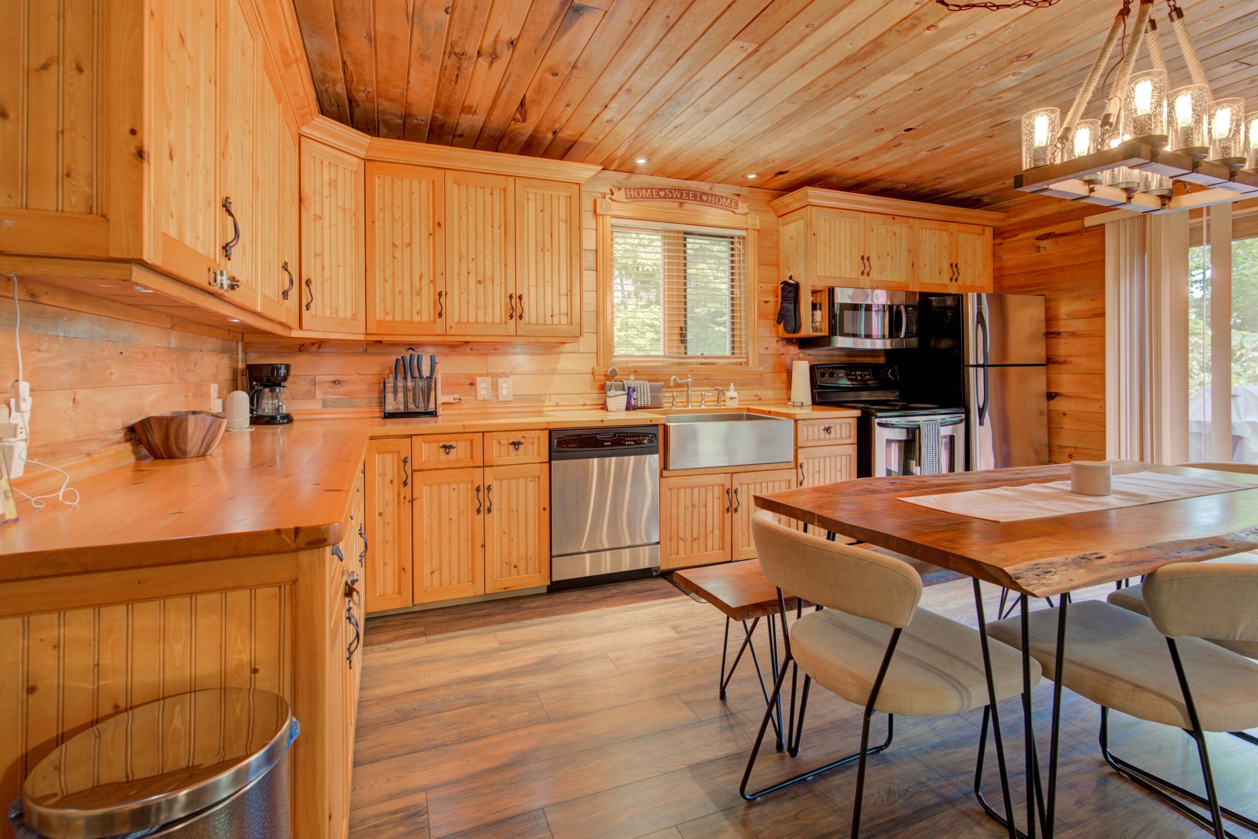 A spacious wood-panelled kitchen
