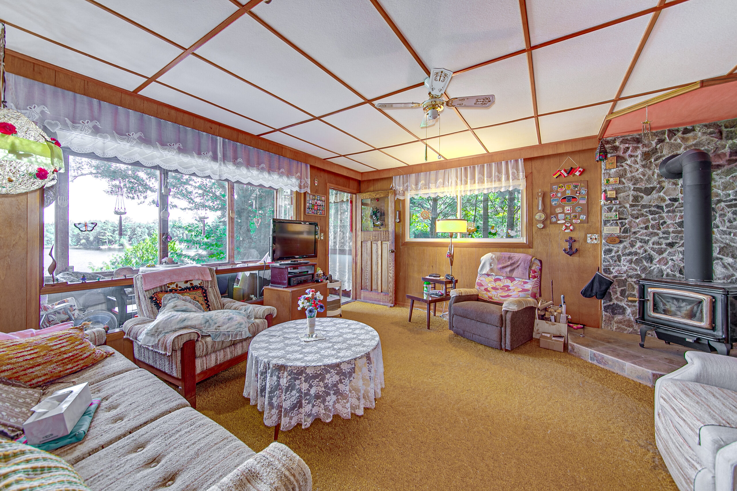 Patterned couches face each other in a living room