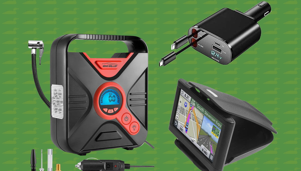 a photo montage of three car gadgets on a green background