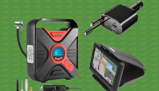 a photo montage of three car gadgets on a green background