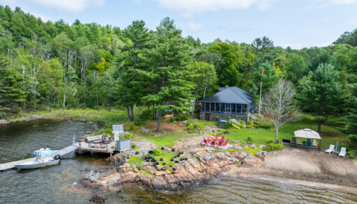 Aerial view of a blue cottage in a forested area, lakeside