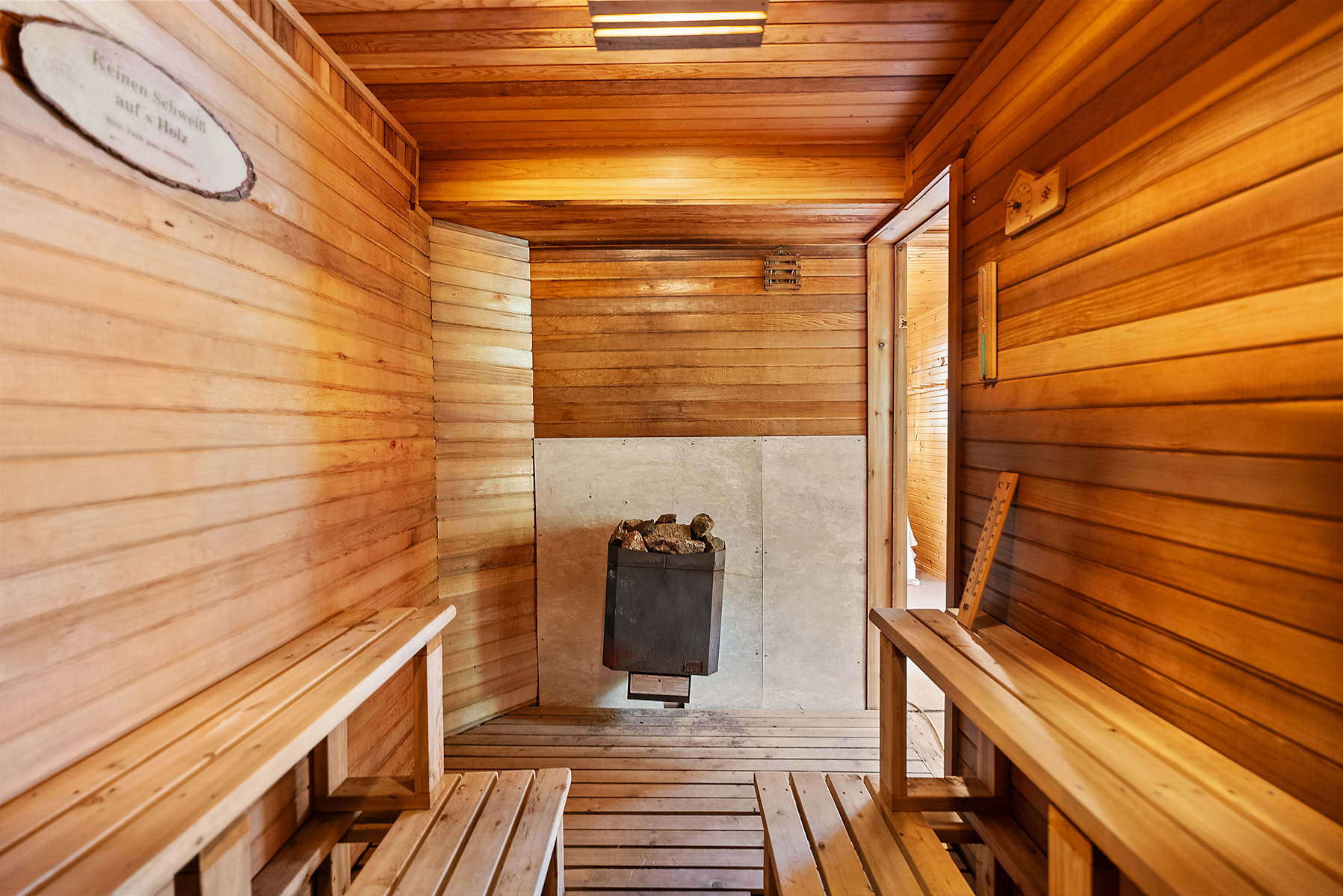 A wood paneled sauna