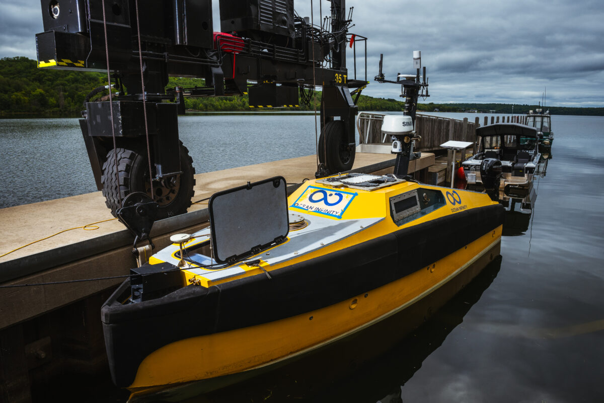 The uncrewed ASV Great Lakes boat, docked