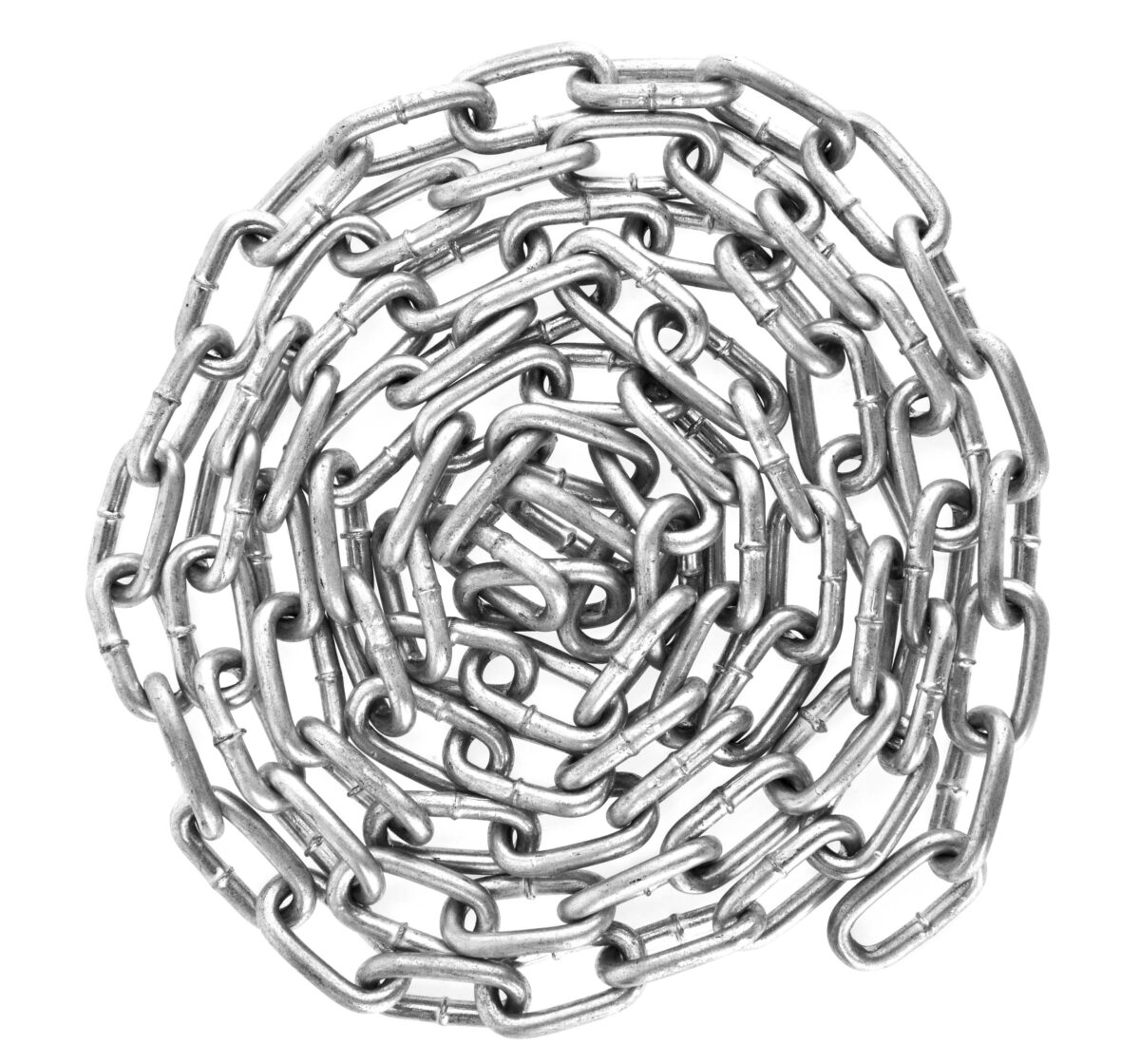 A coil of chain against a white background