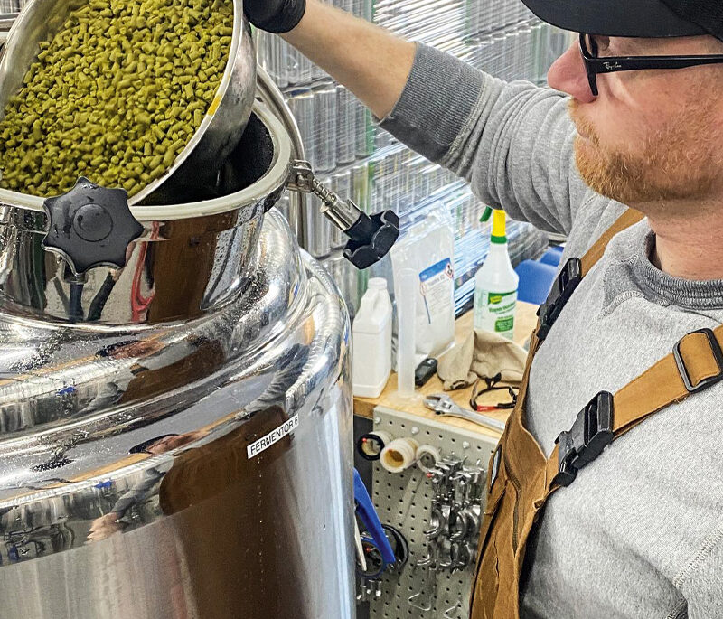 a person pouring hops into a fermentation tank