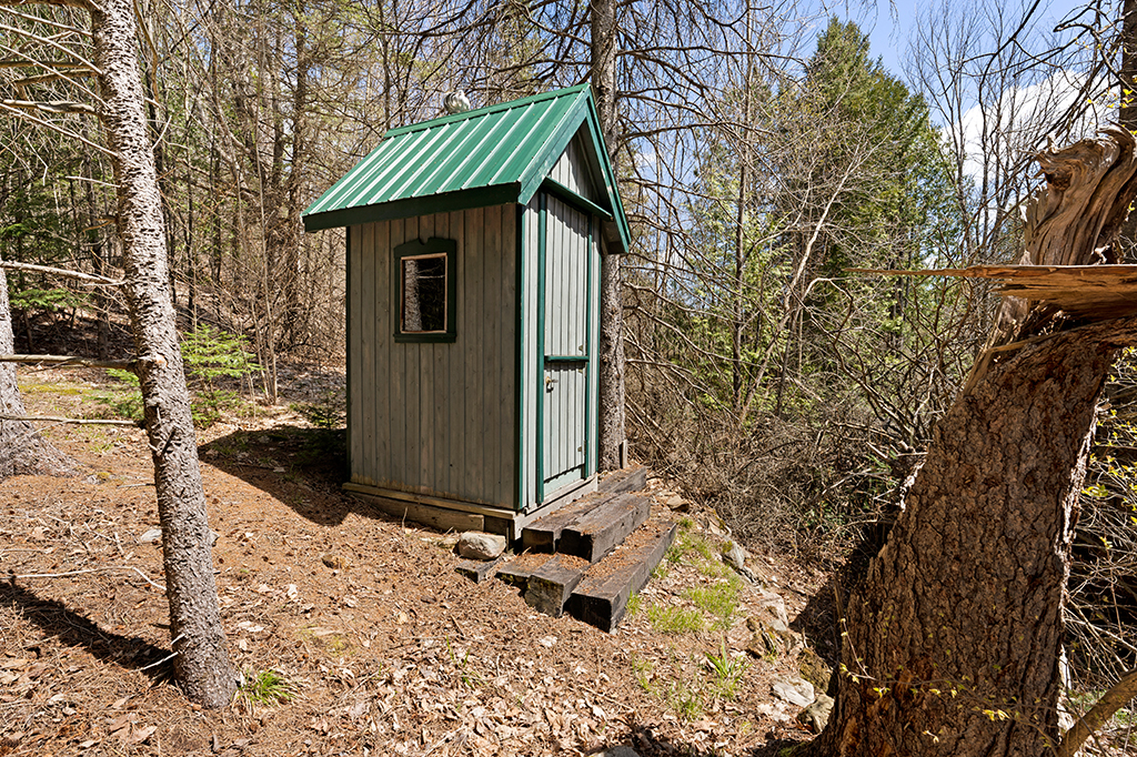 A small wood outhouse with a green roof in the forest