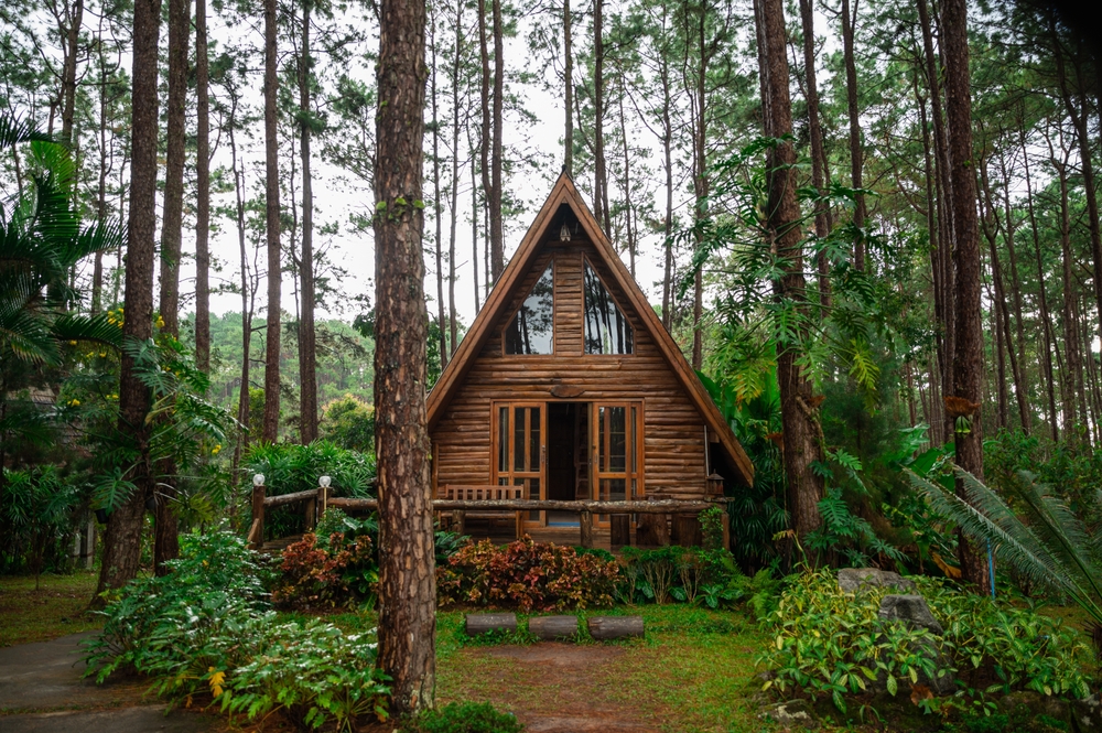 An A-frame cabin in the woods