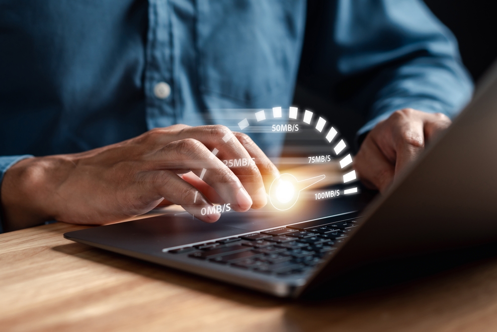 High performance speed internet connection network technology, Man using Internet high speed by smartphone and laptop computer