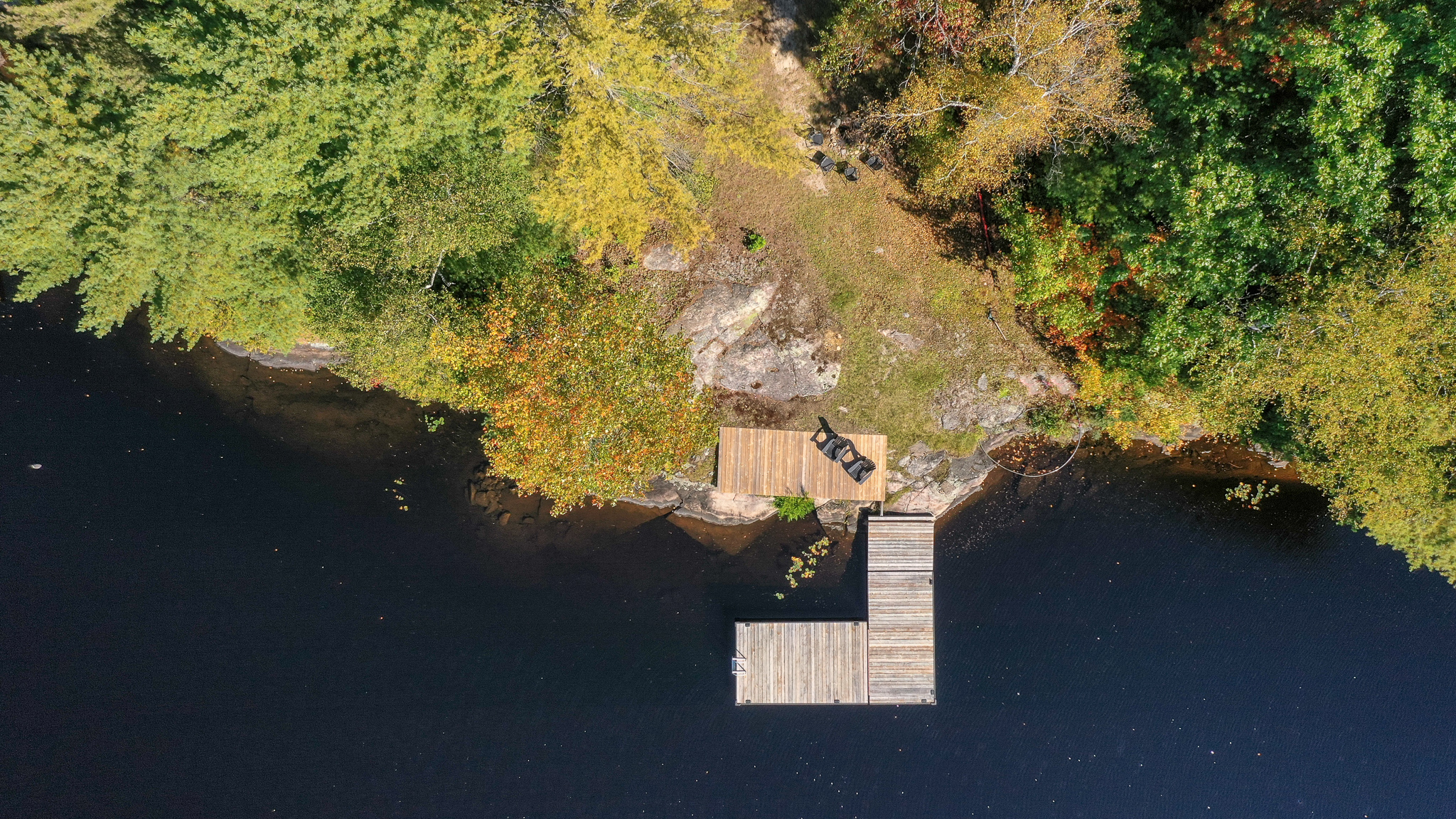 Aerial view of a cottage mostly covered by tree. An L-shaped dock sticks out in the lake