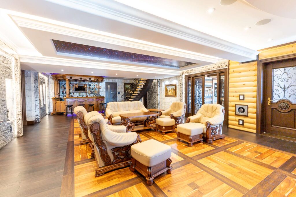 Wood furniture with white cushions face each other