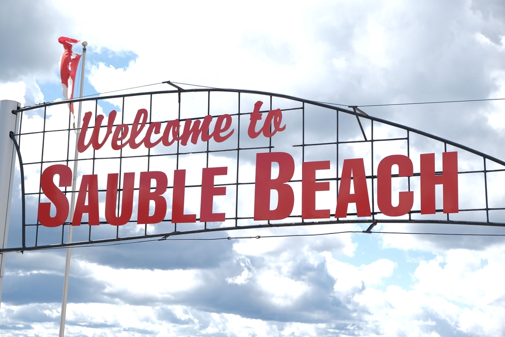 The welcome sign in downtown Sauble Beach, South Bruce Peninsula, Ontario, Canada