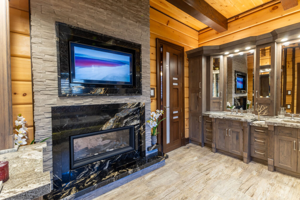 a bathroom with a fireplace in it