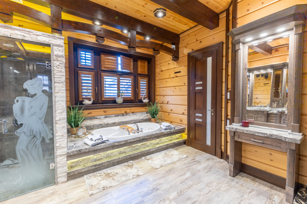 A built-in soaker tub beside a window