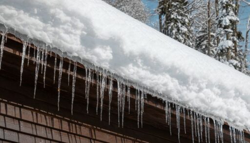 A snow covered roof with icicles