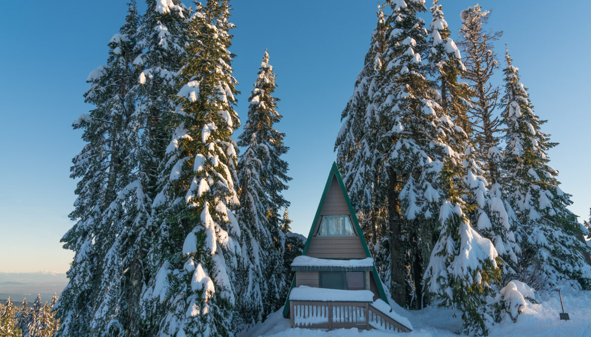 a photo of a small cabin in a snowy, forested landscape