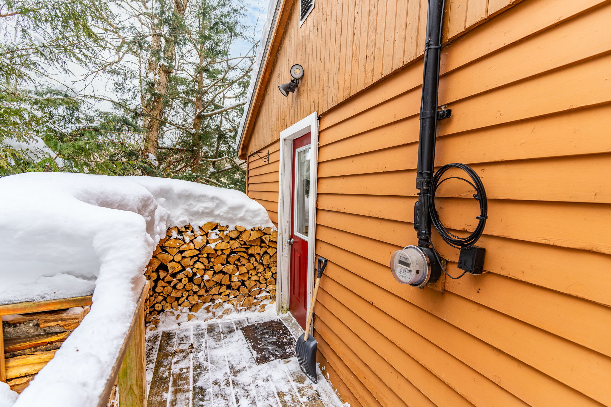 A wood cottage with a red door. Next to the door, a stack of wood logs