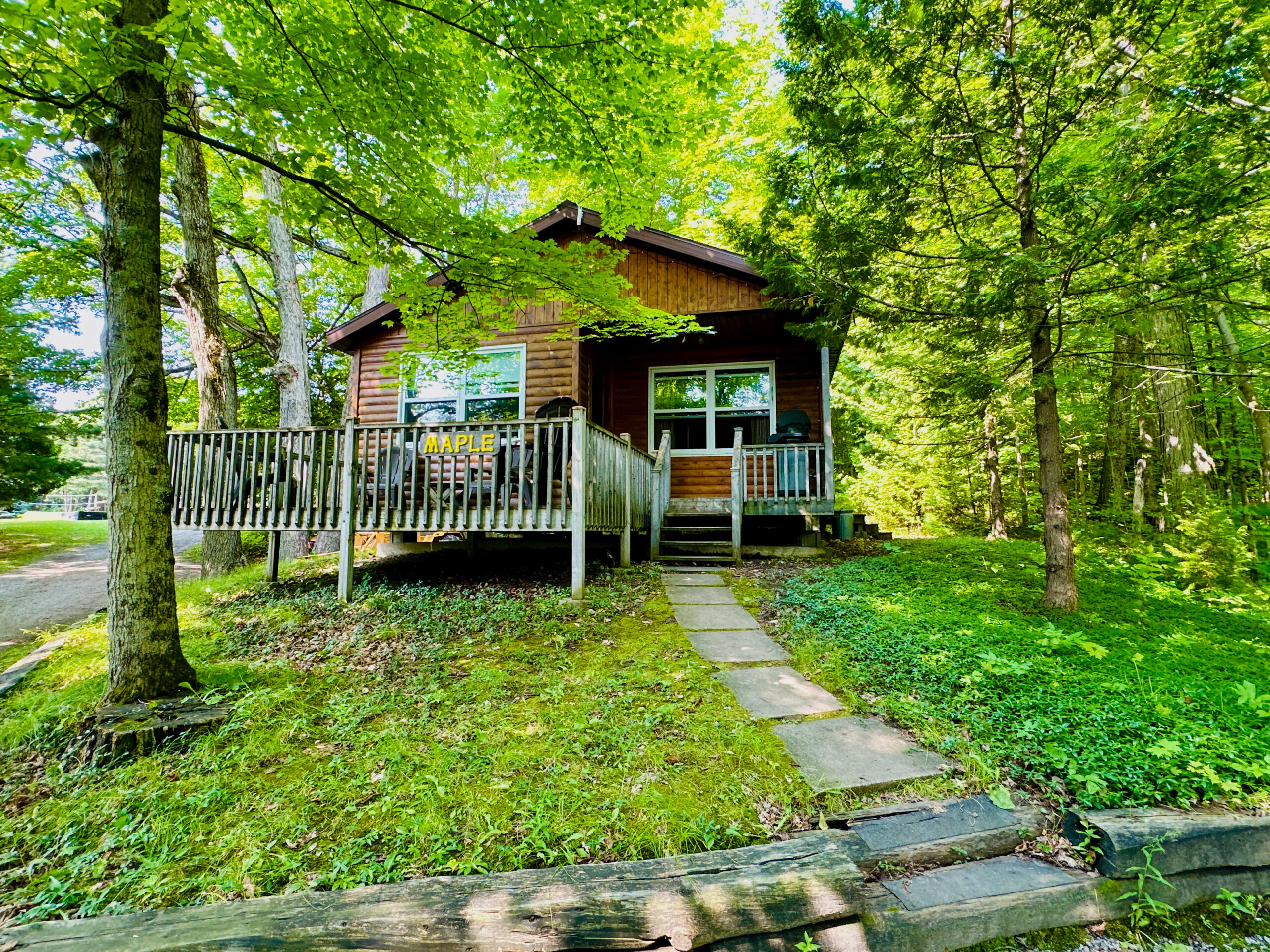 A rustic lakeside cabin at Cedar Grove Cottages, featuring a covered porch and surrounded by lush greenery.