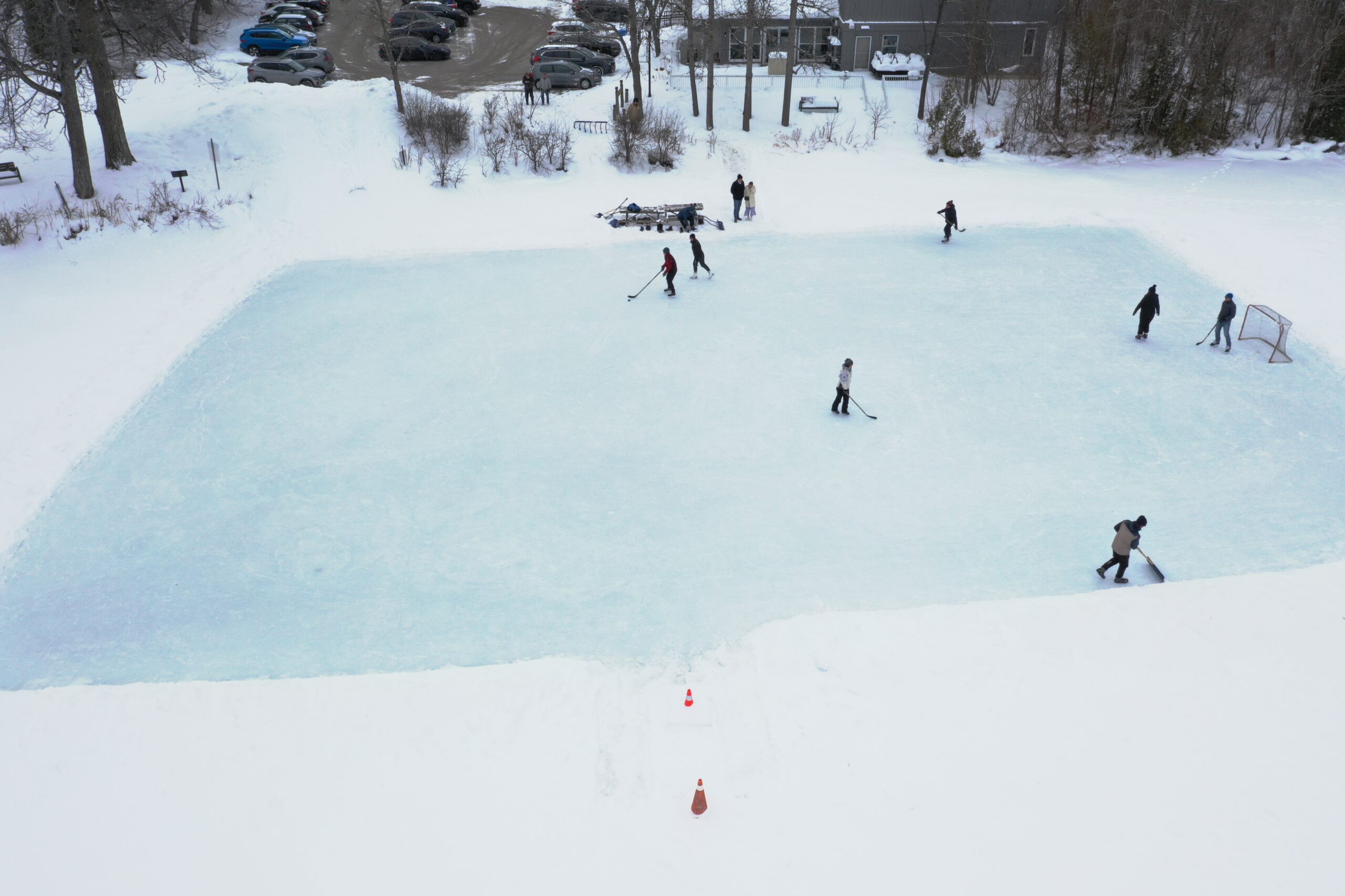 A few hockey players on the rink