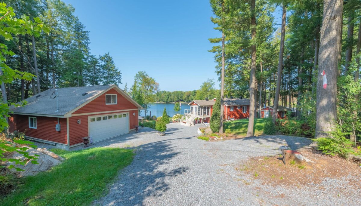 A scenic gravel driveway surrounded by tall trees, leading towards the cottage with a view of the lake in the distance.