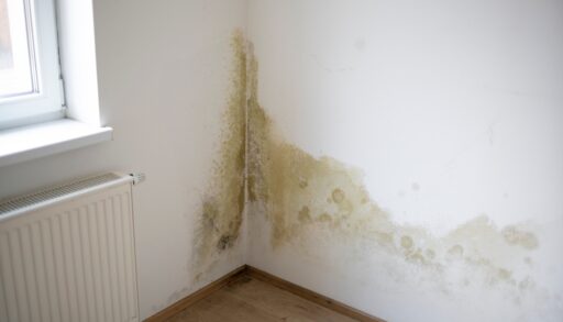 Water and mildew stains in the corner of a room