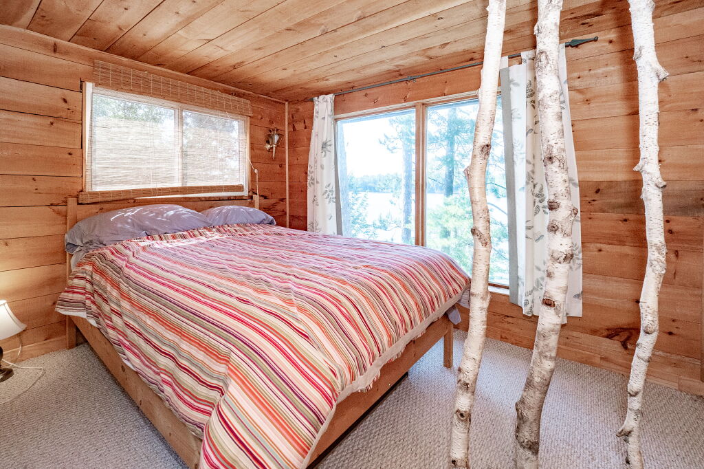 Warm bedroom with wood interior, colourful quilt, and birch tree decor