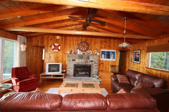 A brown leather couch faces a stone fireplace in a wood-paneled room