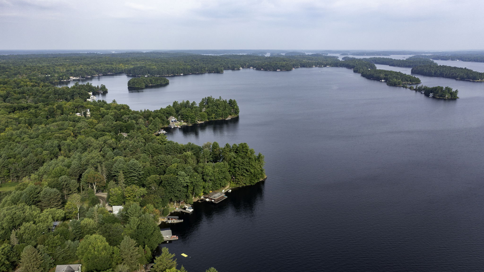 Panoramic aerial view of Lake Muskoka's expansive waterscape