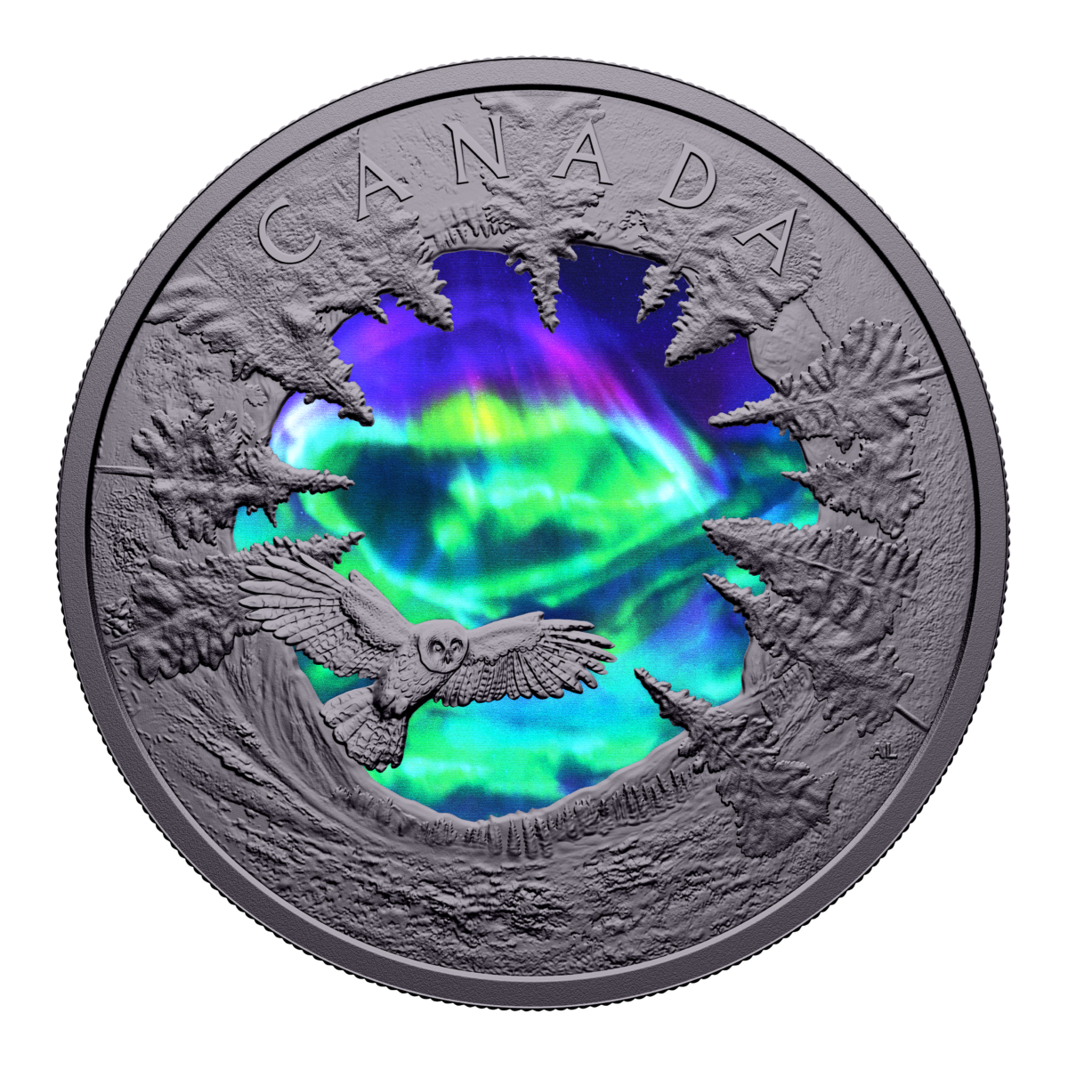 A collector coin featuring the northern lights, a great grey owl, and wilderness landscape
