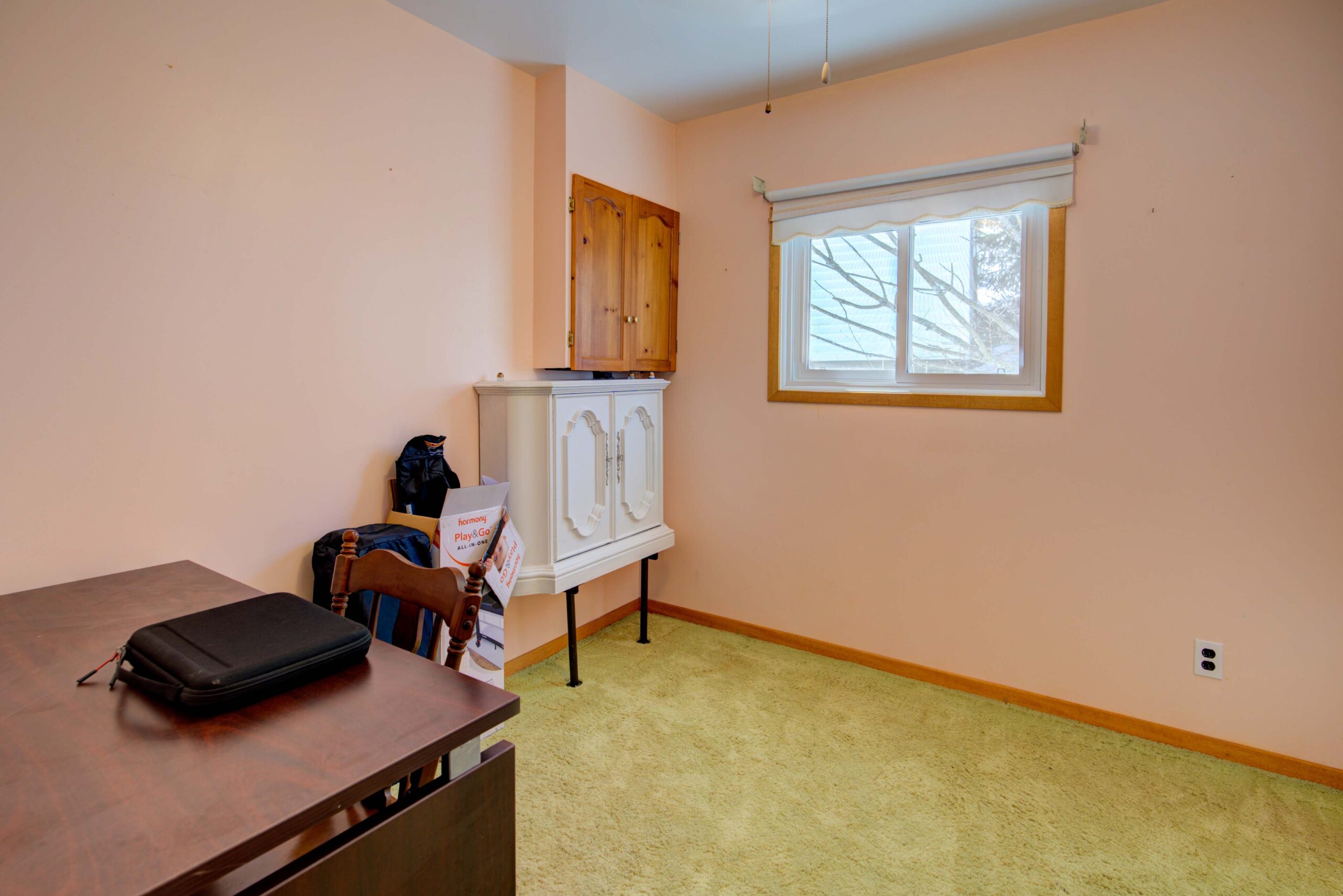 A light pink room with green carpets