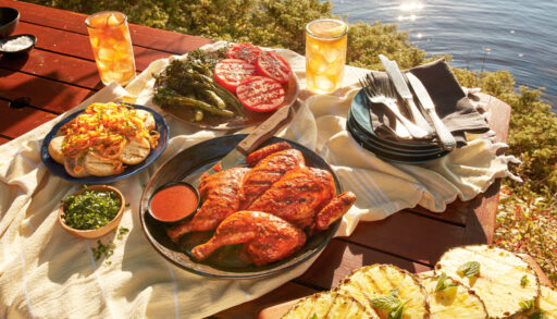 A Portuguese churrasco plated on an outdoor table