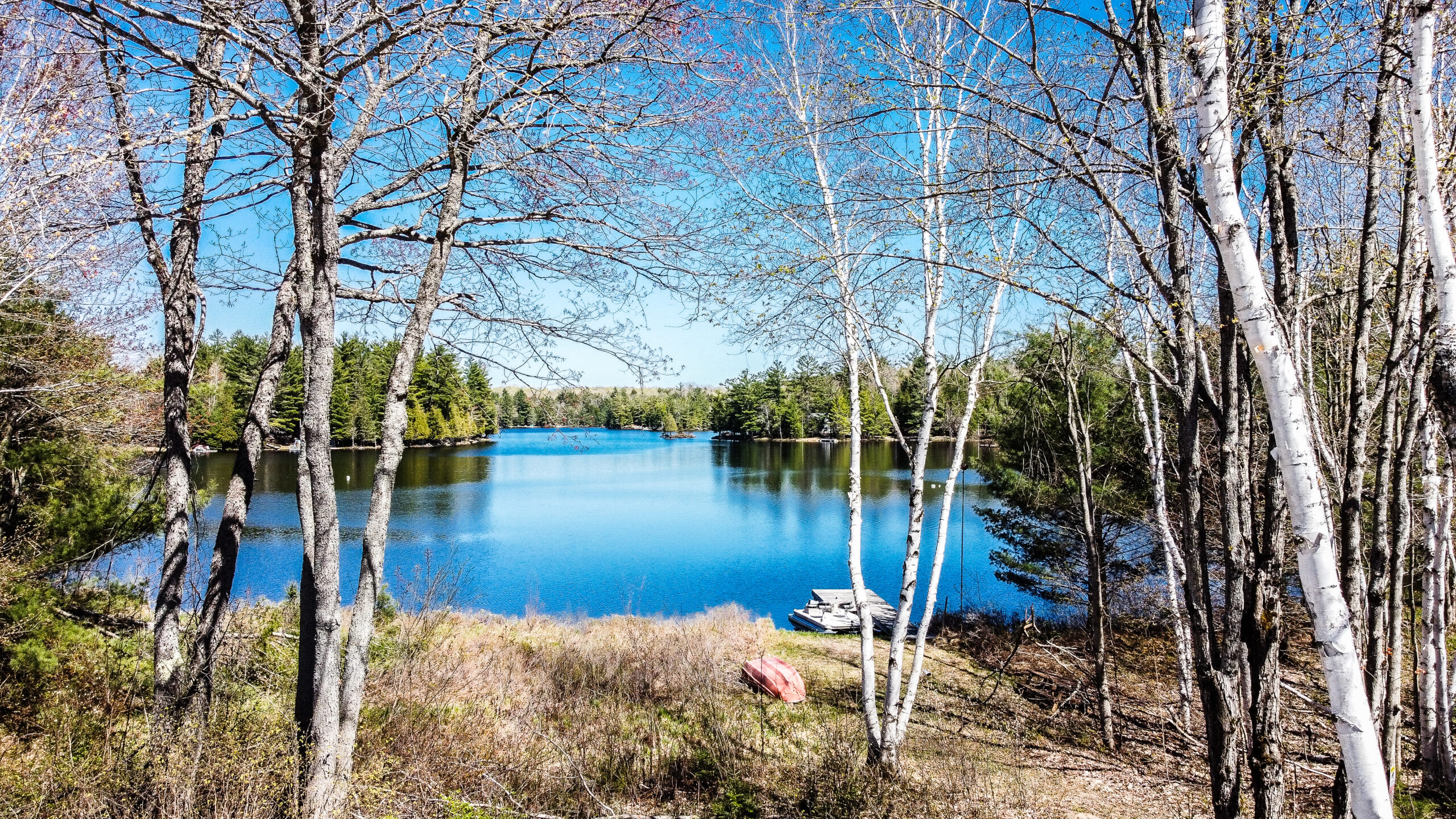 A blue lake with tree-lined islands