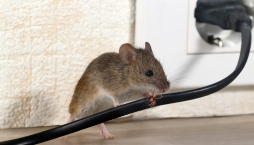 A mouse gnawing on an electrical cord