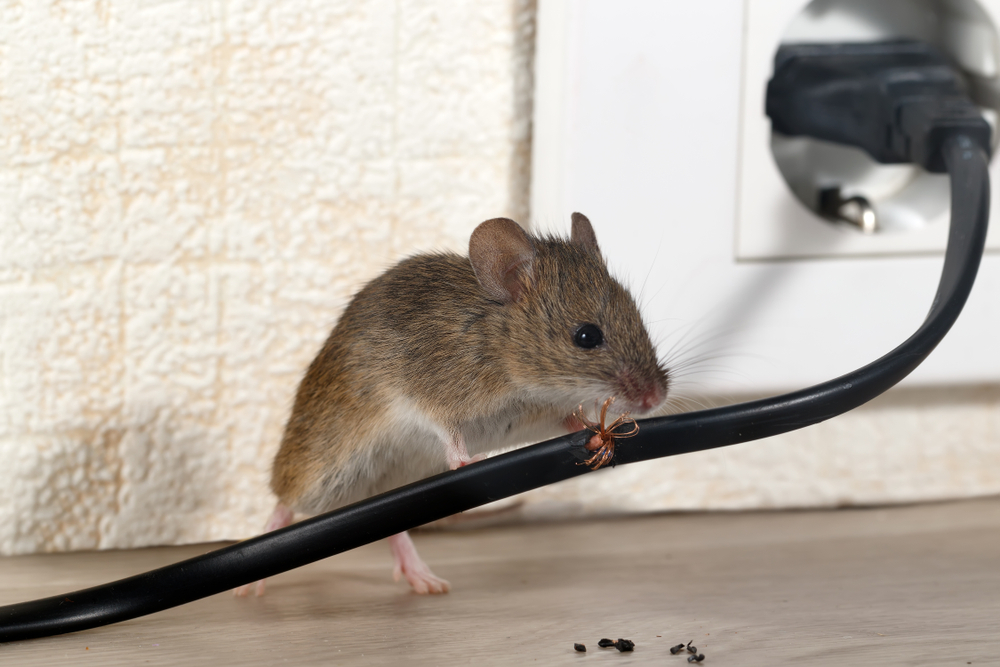 A mouse gnawing on an electrical cord